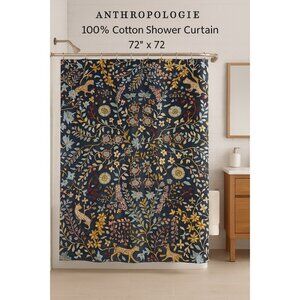 Anthropologie Floral & Fauna Cotton Shower Curtain – Multicolor on Navy – 72” x